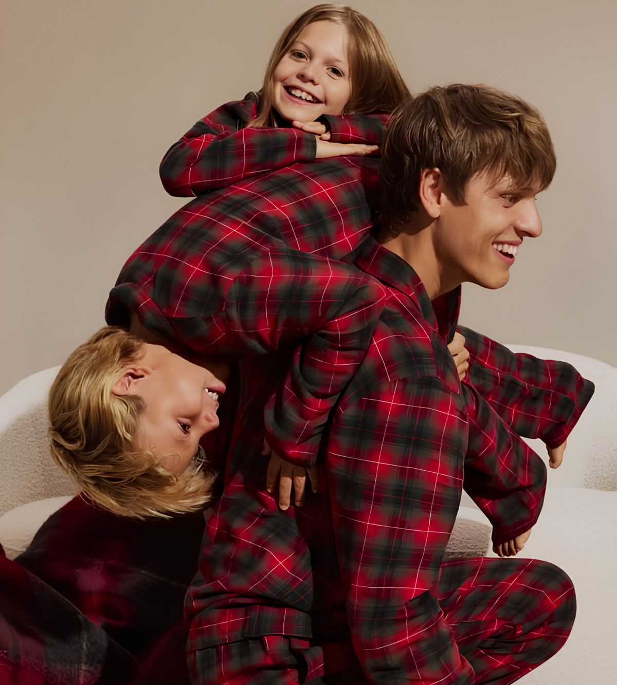 Family wearing matching premium pyjamas